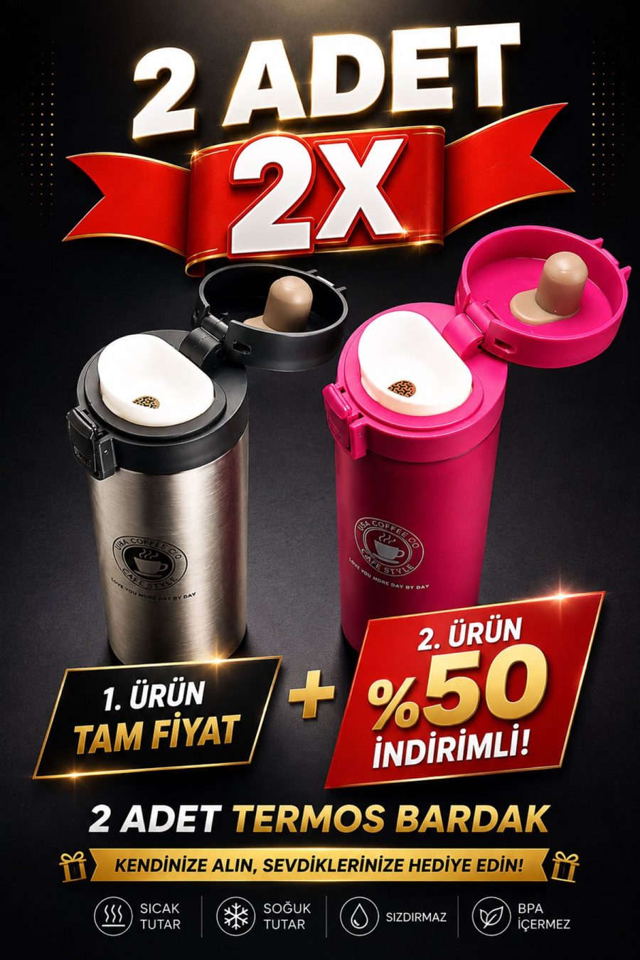 Caka Cafe Style 380 ml 2'li Set Çift Cidarlı Kahve Termosu
